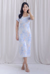 Tran Floral Puffy Sleeve Overlap Pencil Dress In Blue