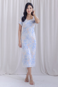 Tran Floral Puffy Sleeve Overlap Pencil Dress In Blue