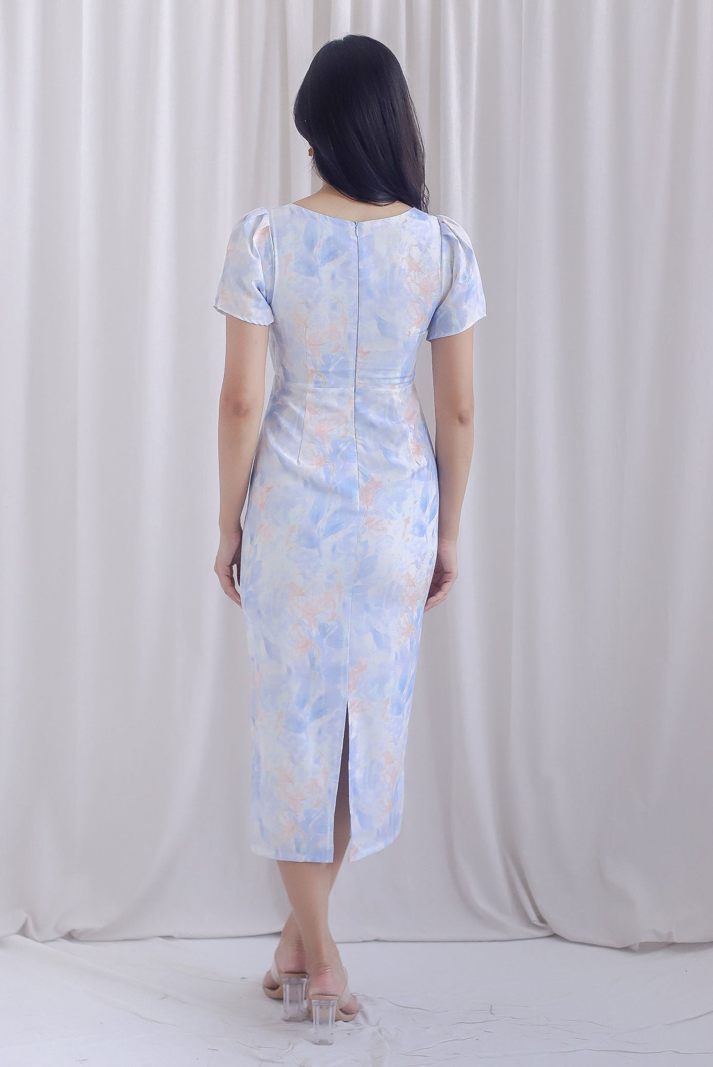 Tran Floral Puffy Sleeve Overlap Pencil Dress In Blue