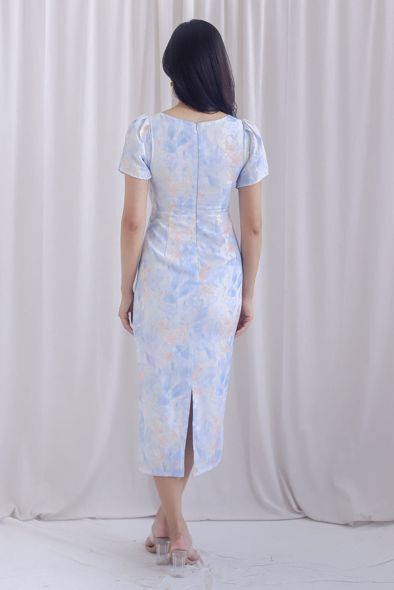 Tran Floral Puffy Sleeve Overlap Pencil Dress In Blue