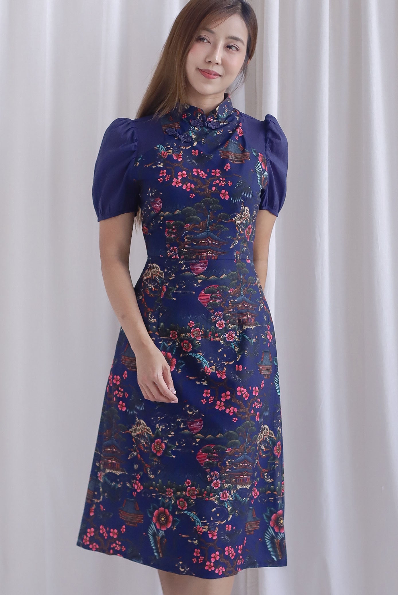 Ukiyoe Organza Sleeve A line Cheong Sam Dress In Navy Blue
