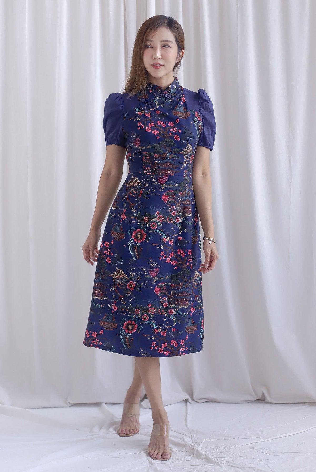 Ukiyoe Organza Sleeve A line Cheong Sam Dress In Navy Blue