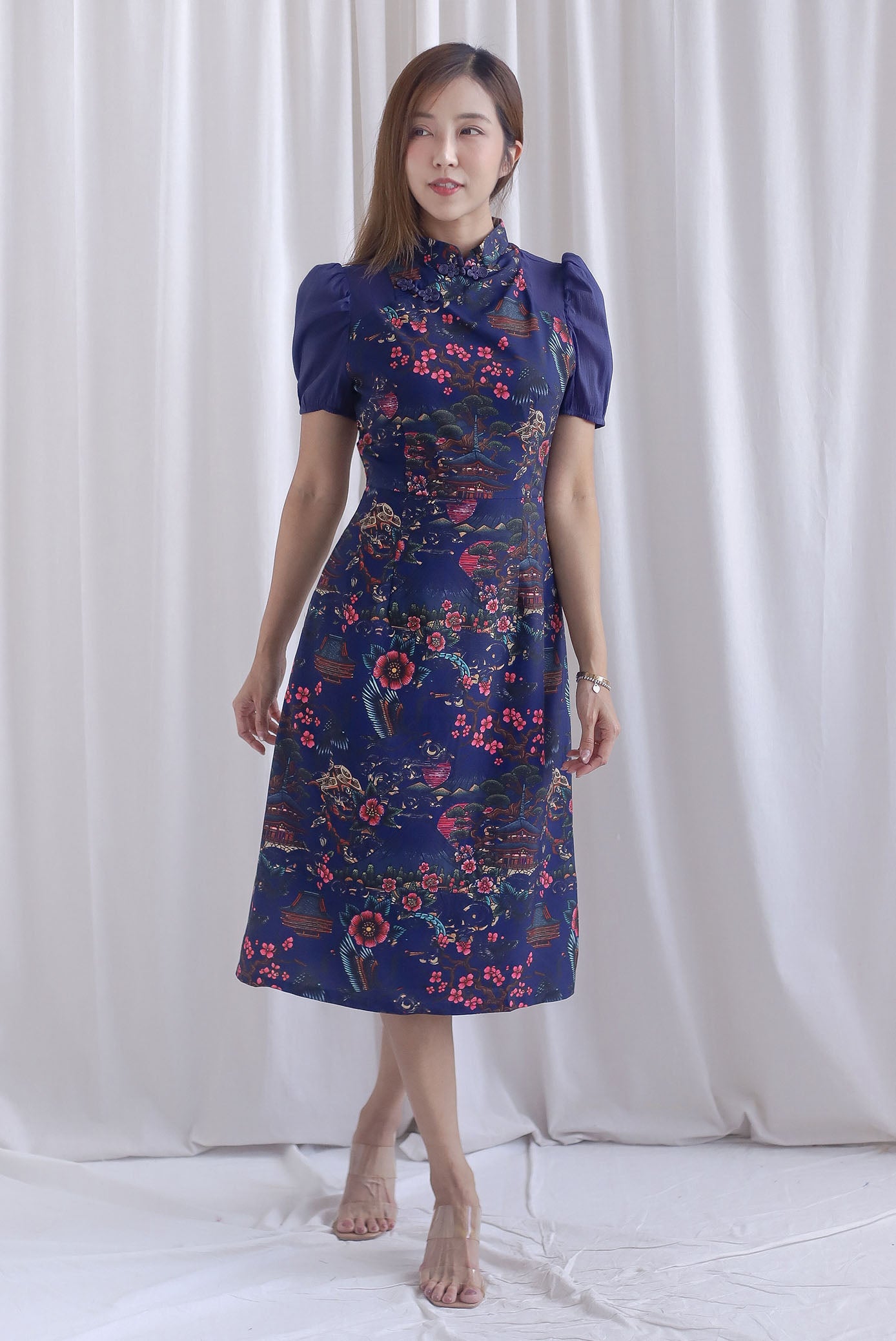 Ukiyoe Organza Sleeve A line Cheong Sam Dress In Navy Blue