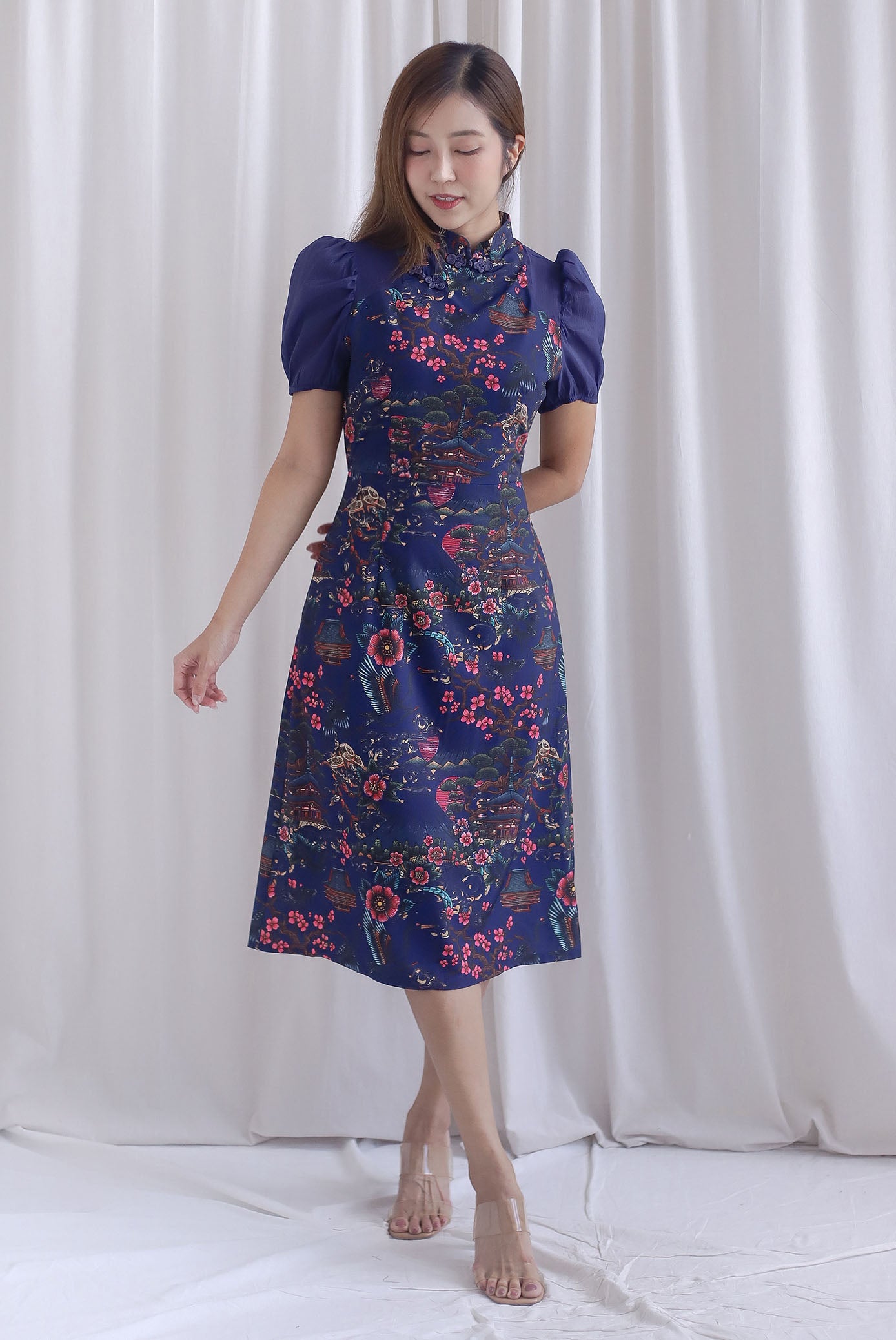 Ukiyoe Organza Sleeve A line Cheong Sam Dress In Navy Blue