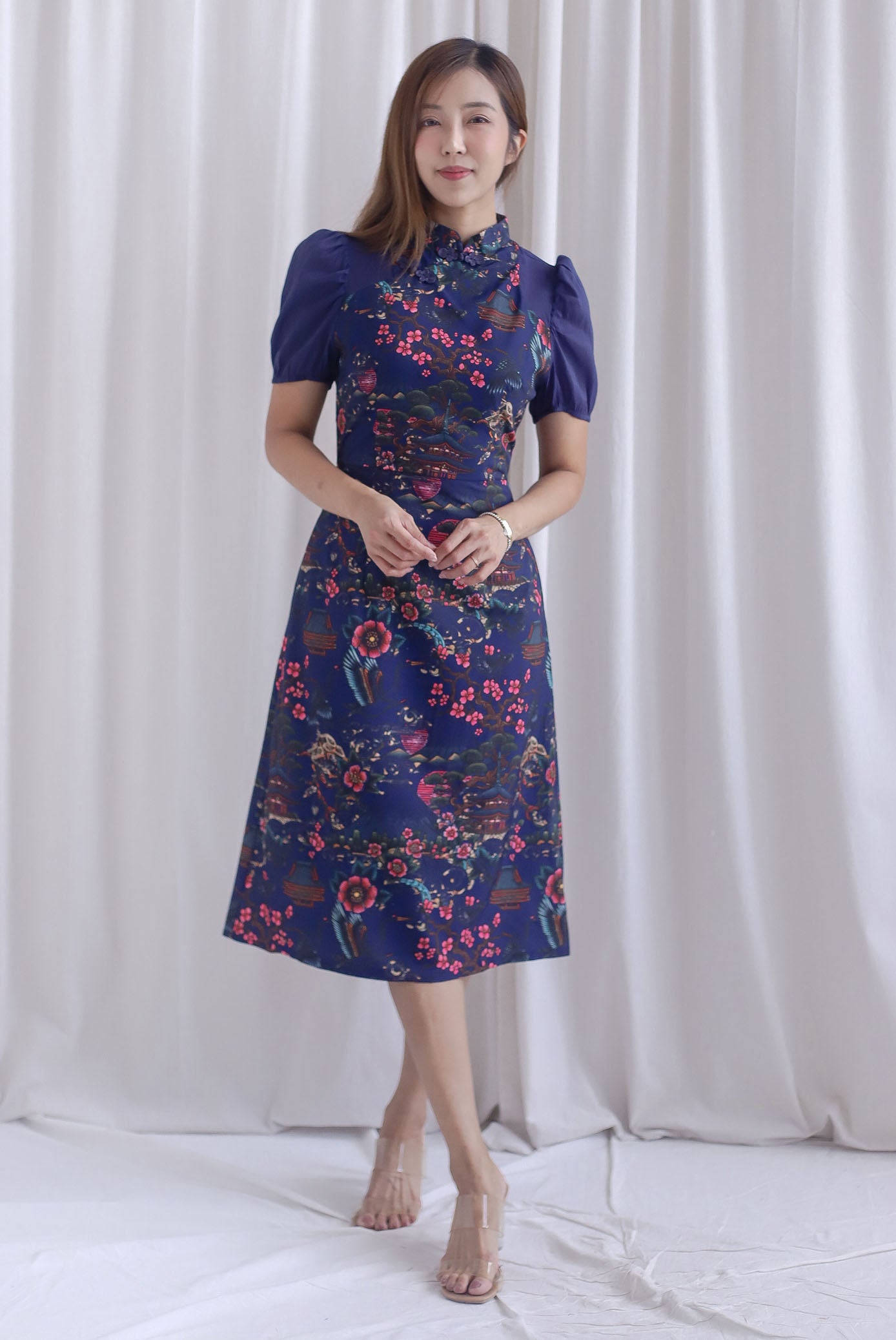 Ukiyoe Organza Sleeve A line Cheong Sam Dress In Navy Blue