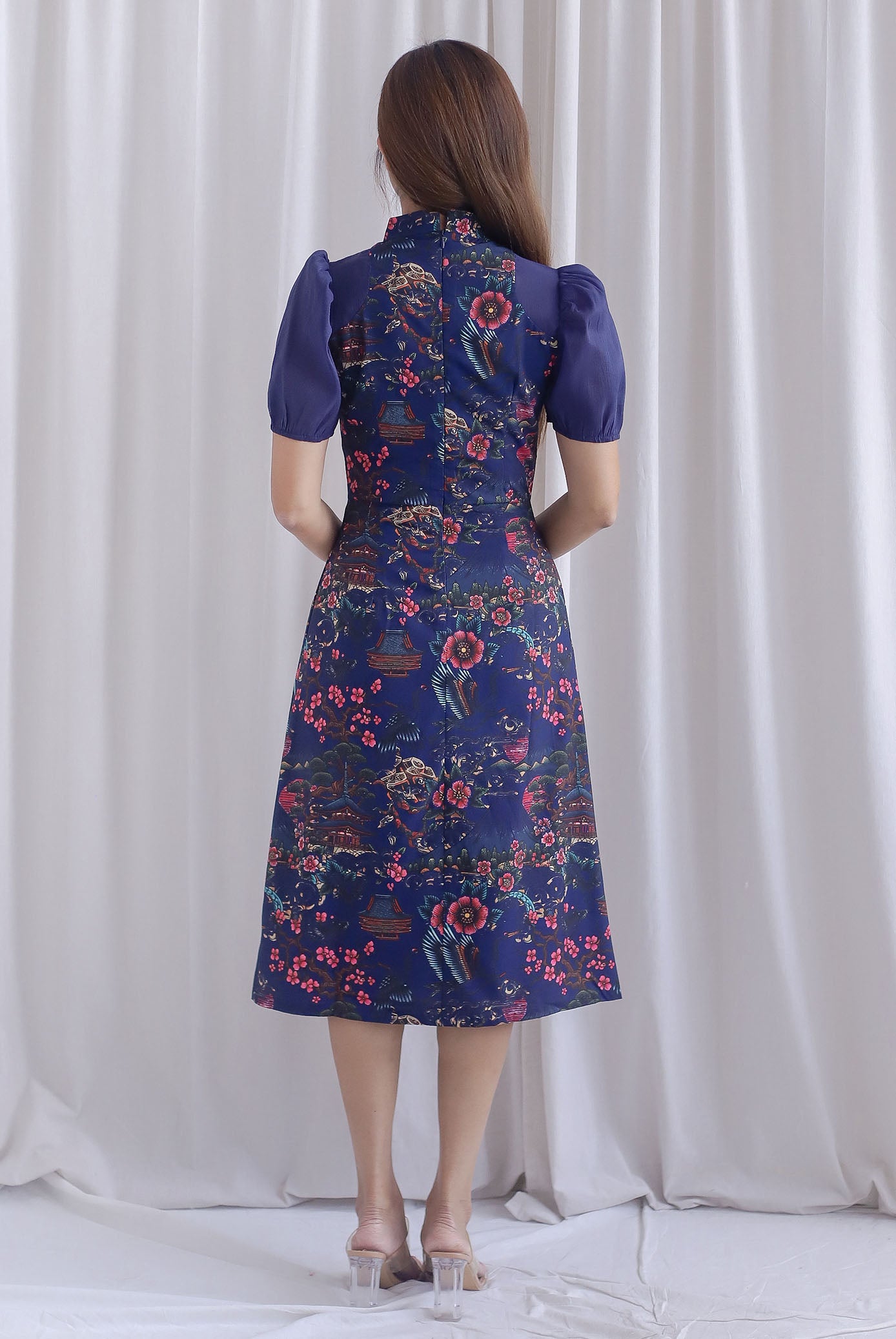 Ukiyoe Organza Sleeve A line Cheong Sam Dress In Navy Blue