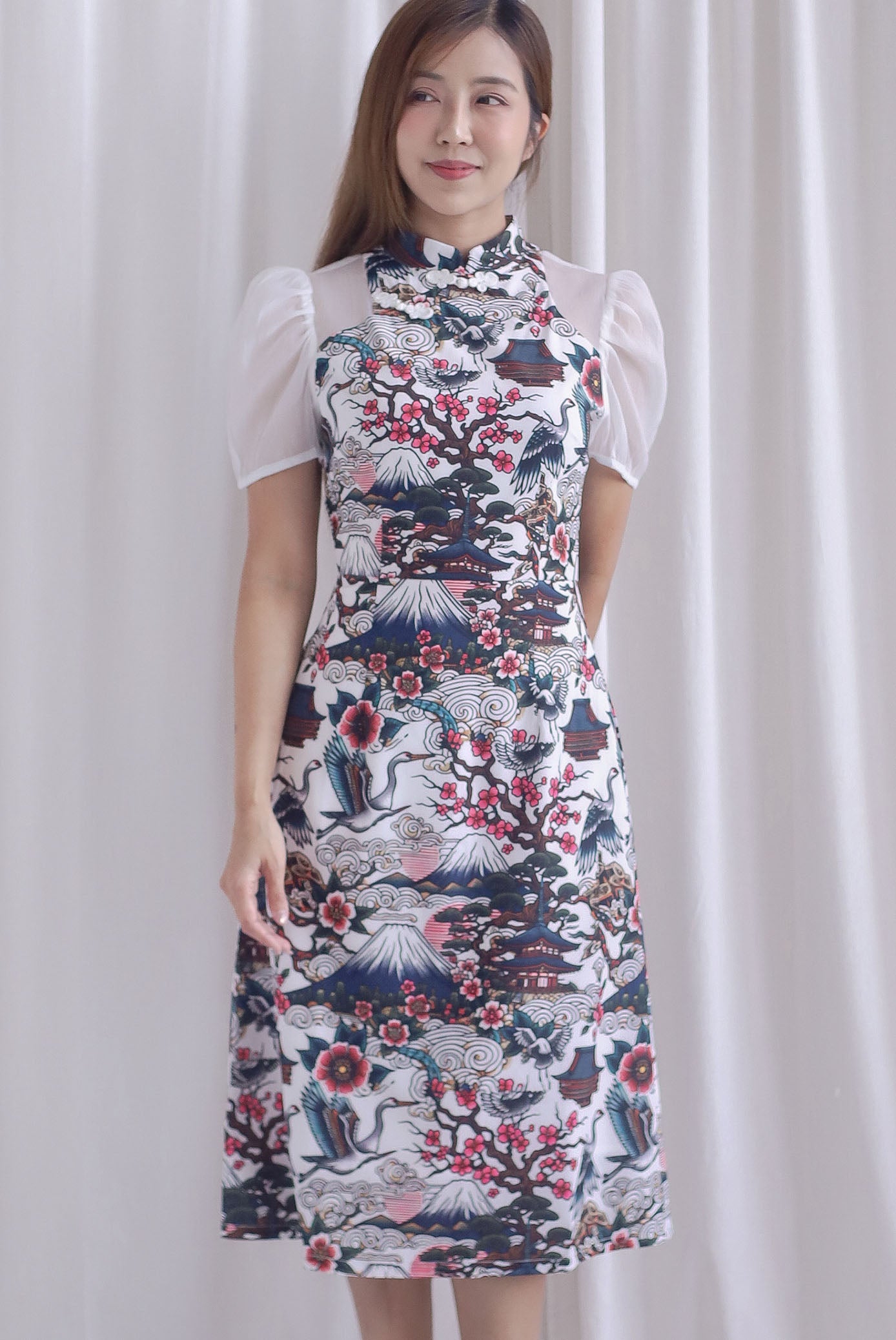 Ukiyoe Organza Sleeve A line Cheong Sam Dress In White