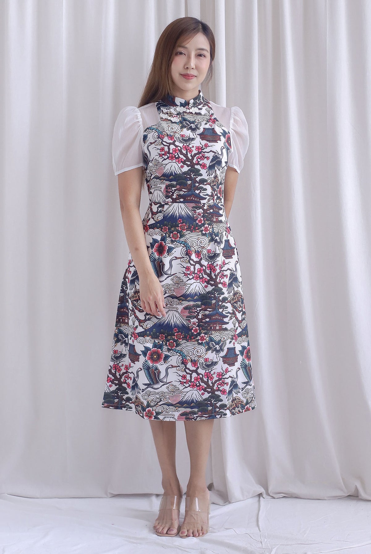 Ukiyoe Organza Sleeve A line Cheong Sam Dress In White