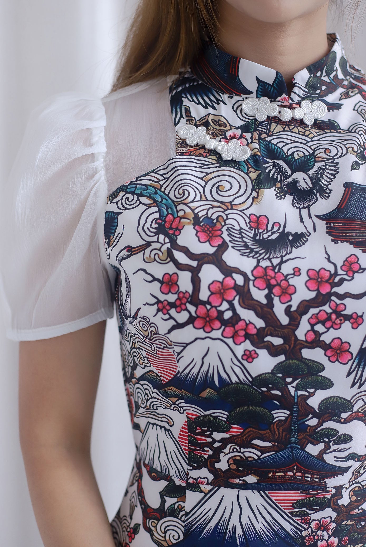 Ukiyoe Organza Sleeve A line Cheong Sam Dress In White