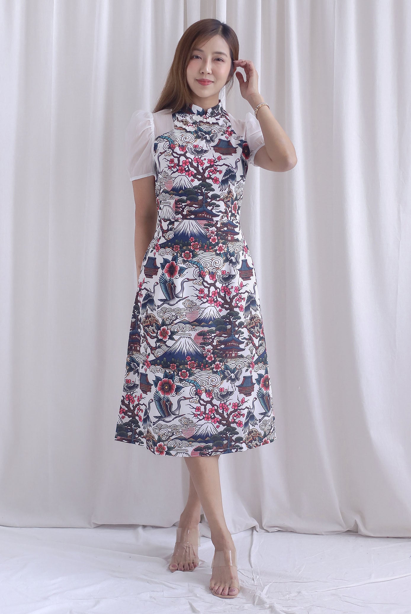 Ukiyoe Organza Sleeve A line Cheong Sam Dress In White