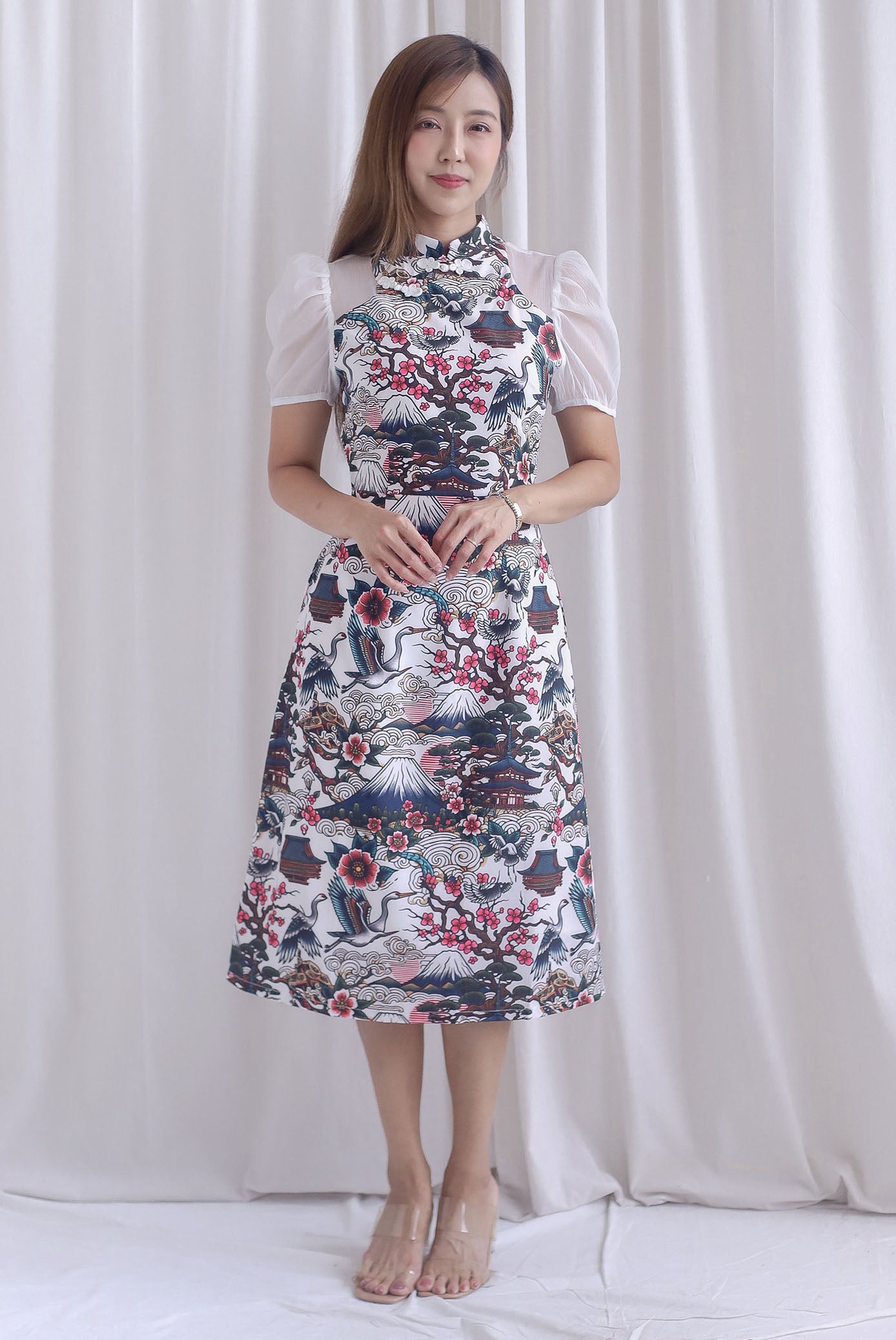 Ukiyoe Organza Sleeve A line Cheong Sam Dress In White