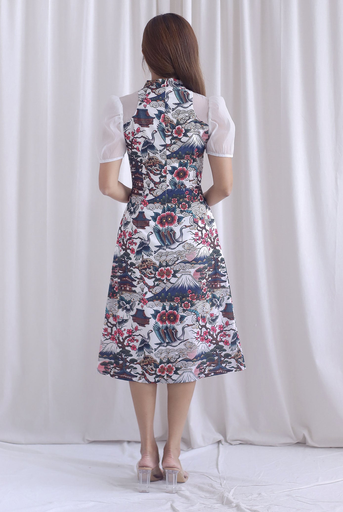 Ukiyoe Organza Sleeve A line Cheong Sam Dress In White