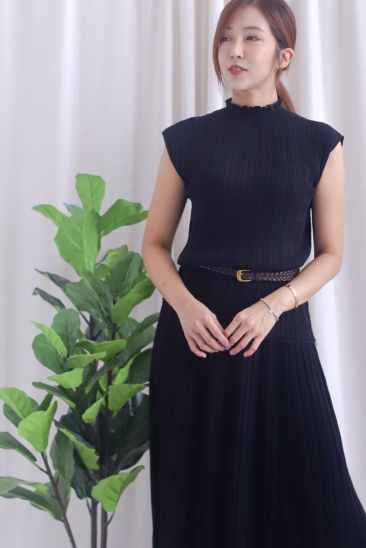 Victoria Weave Belt 3 Pcs Knit Set In Black