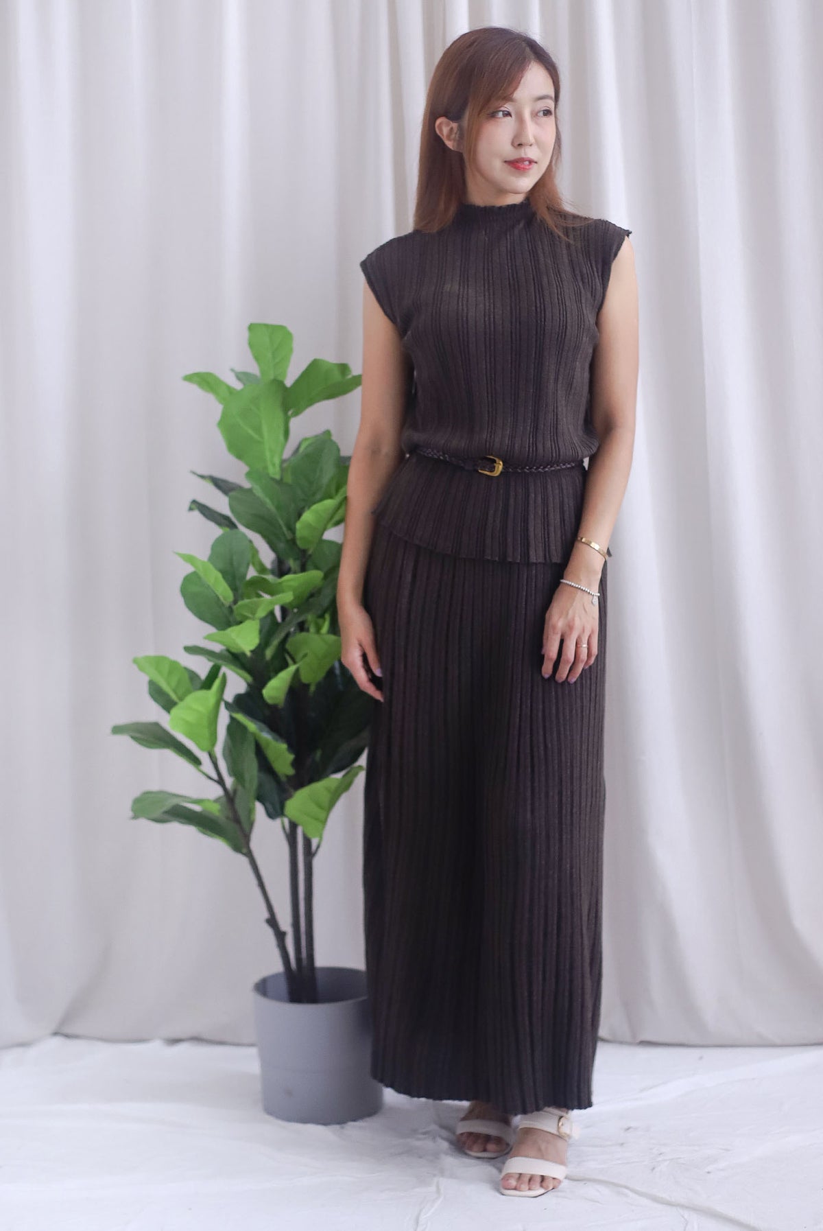 Victoria Weave Belt 3 Pcs Knit Set In Coffee