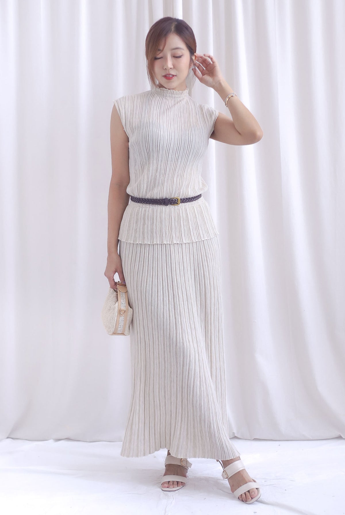 Victoria Weave Belt 3 Pcs Knit Set In Cream
