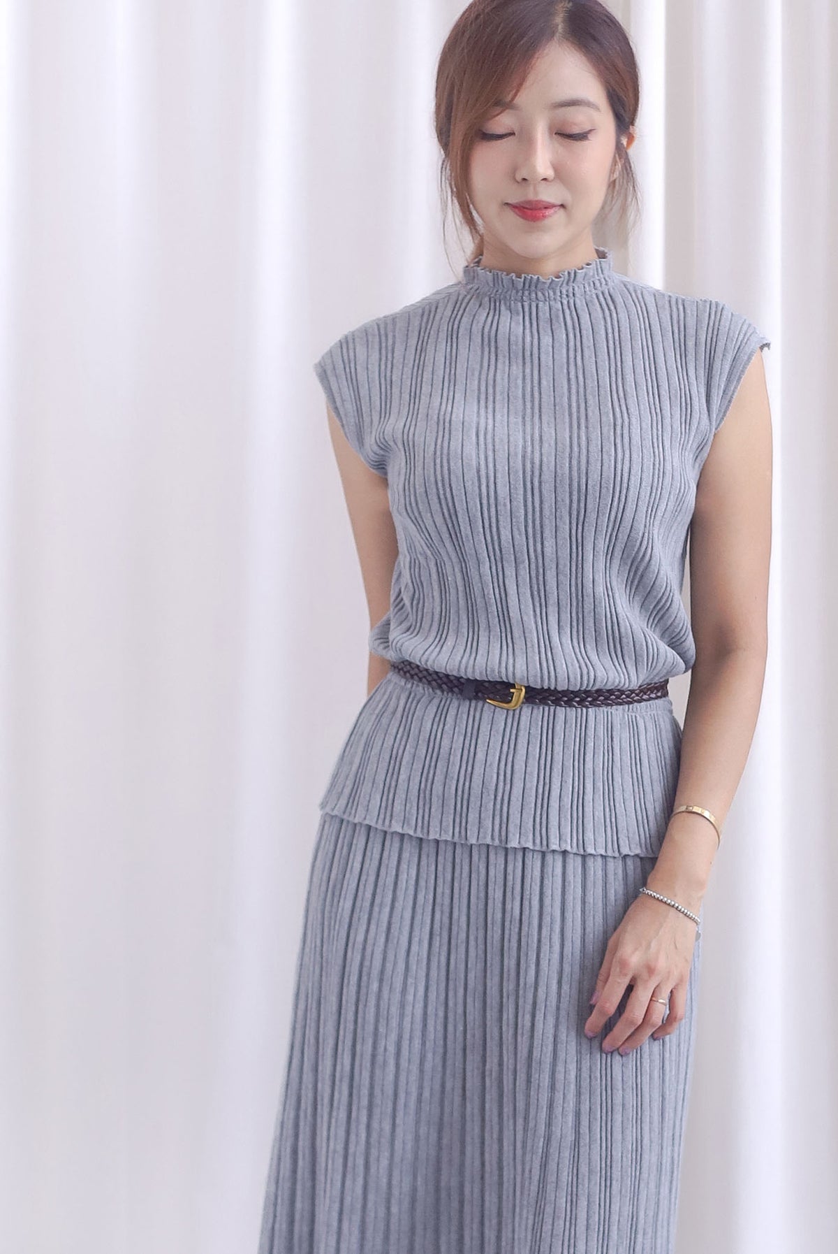 Victoria Weave Belt 3 Pcs Knit Set In Grey