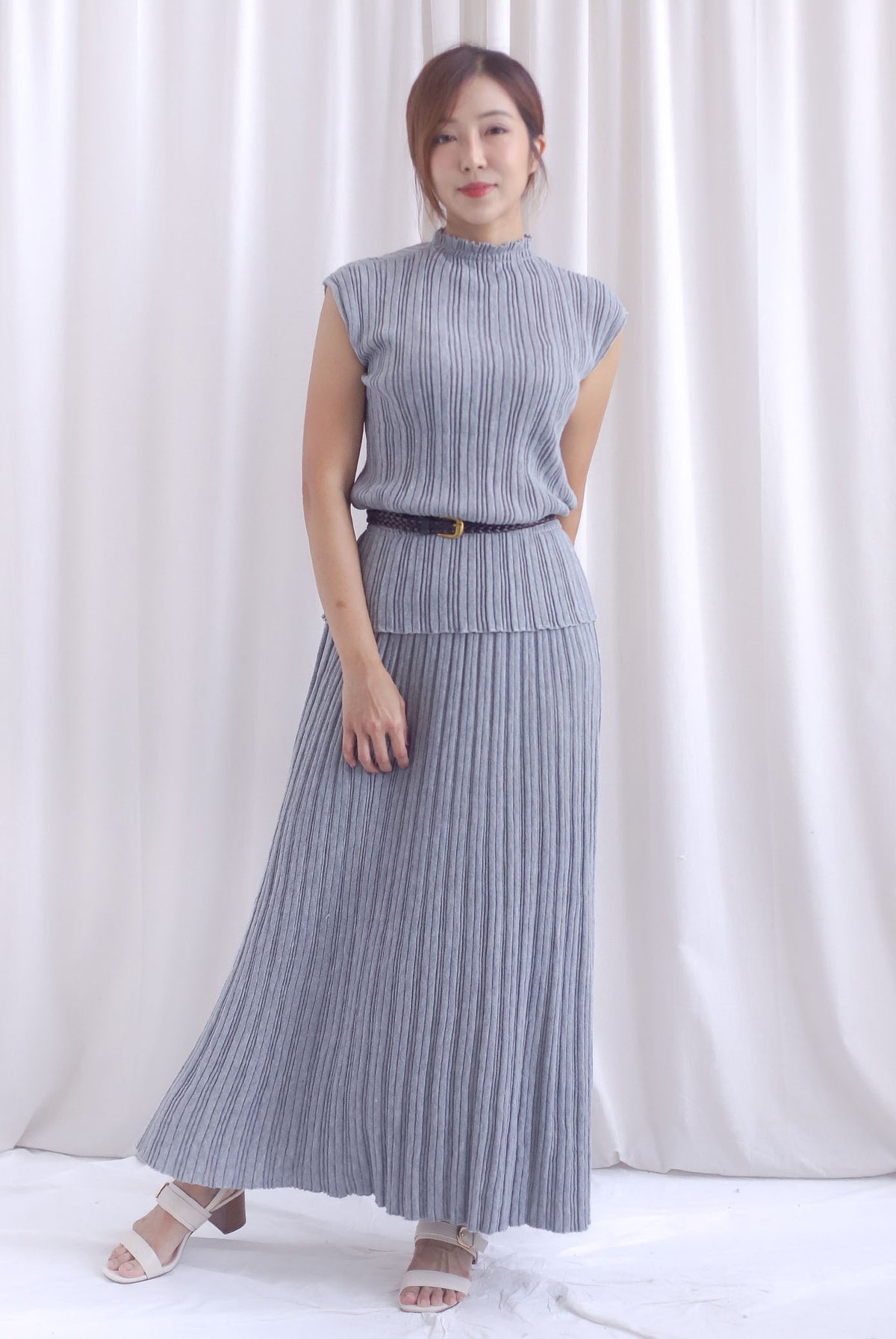 Victoria Weave Belt 3 Pcs Knit Set In Grey