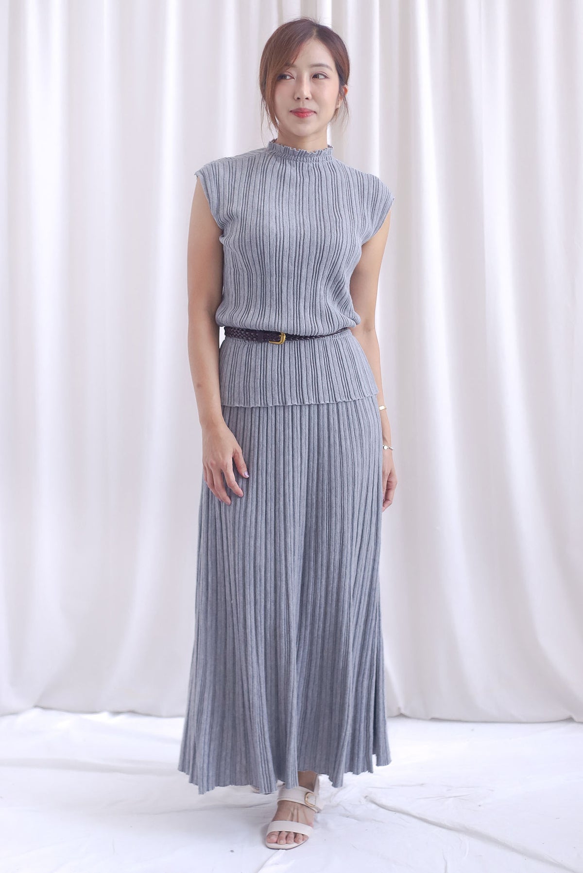 Victoria Weave Belt 3 Pcs Knit Set In Grey