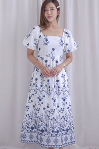 Victorian Vine Embro Square Neckline Maxi Dress In Navy Blue