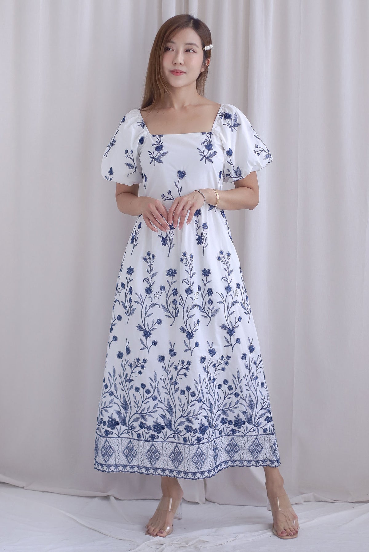 Victorian Vine Embro Square Neckline Maxi Dress In Navy Blue