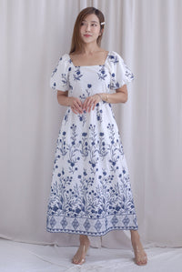 Victorian Vine Embro Square Neckline Maxi Dress In Navy Blue