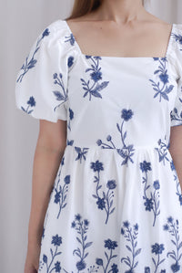 Victorian Vine Embro Square Neckline Maxi Dress In Navy Blue