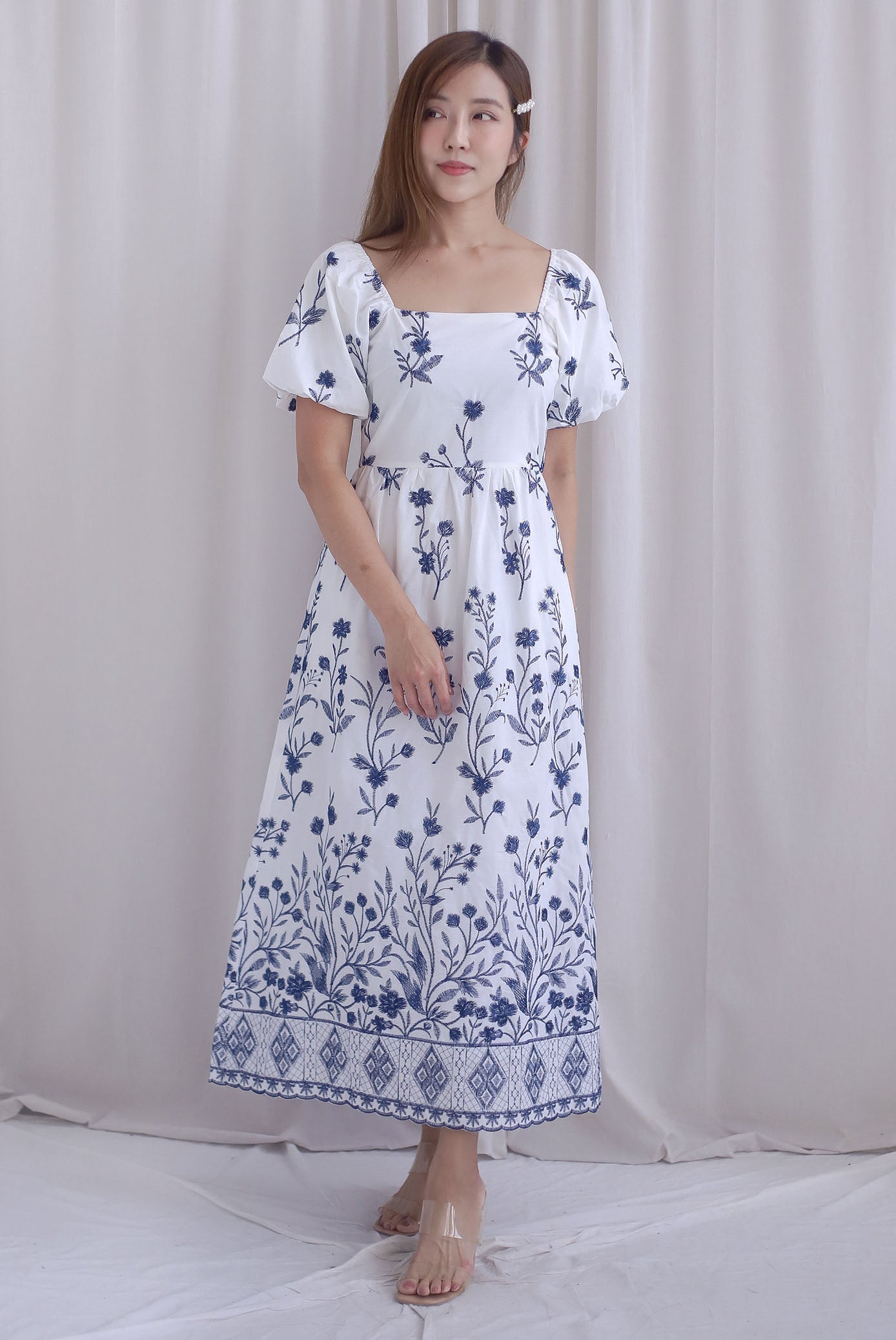 Victorian Vine Embro Square Neckline Maxi Dress In Navy Blue