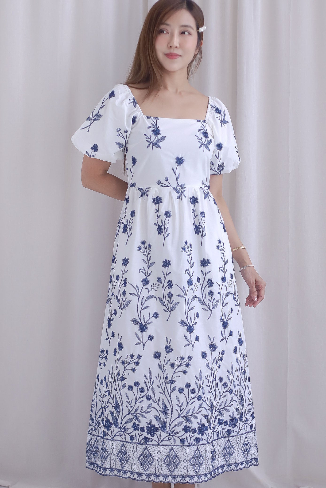 Victorian Vine Embro Square Neckline Maxi Dress In Navy Blue