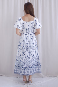 Victorian Vine Embro Square Neckline Maxi Dress In Navy Blue