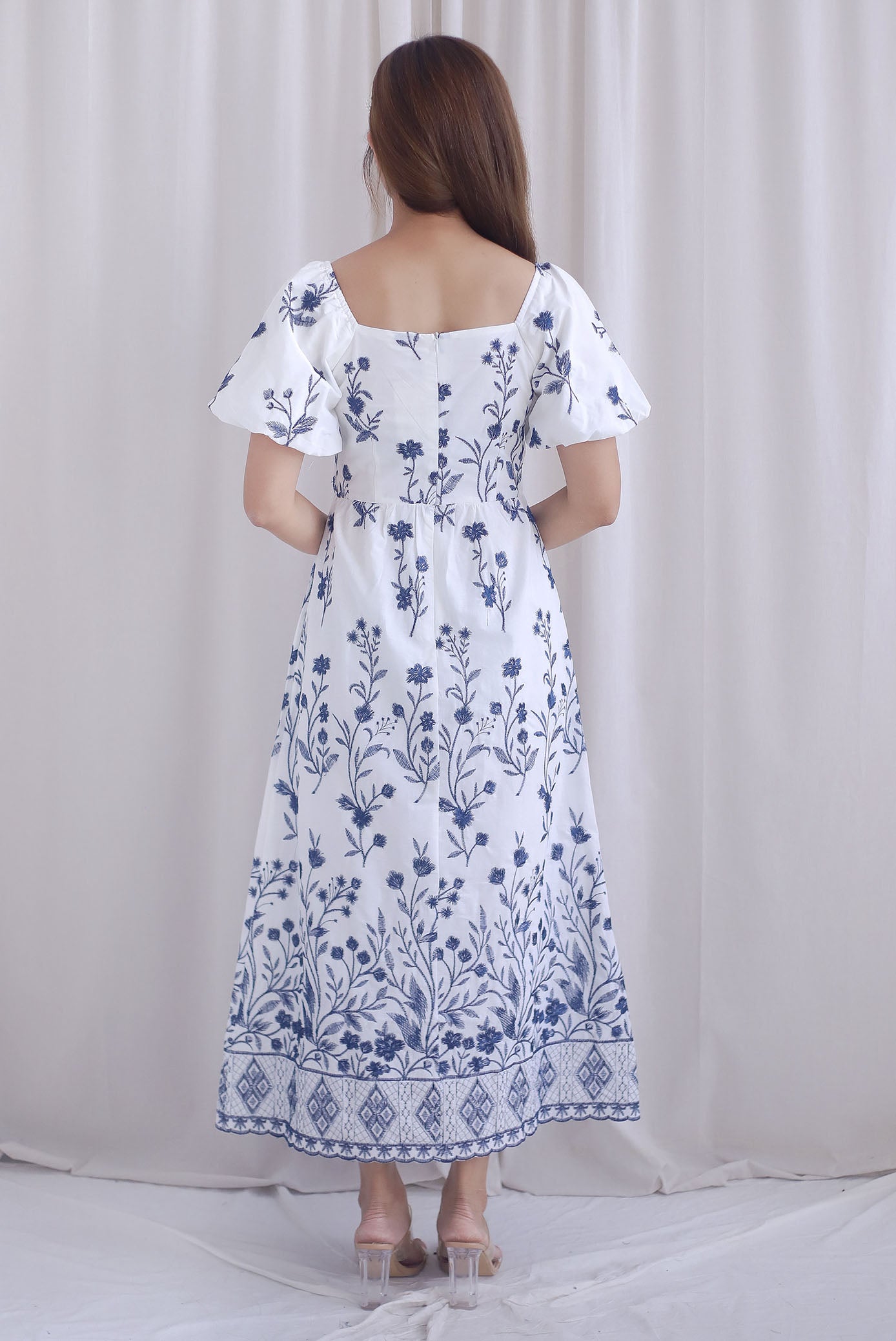 Victorian Vine Embro Square Neckline Maxi Dress In Navy Blue