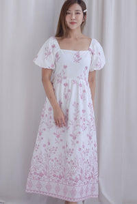 Victorian Vine Embro Square Neckline Maxi Dress In Pink