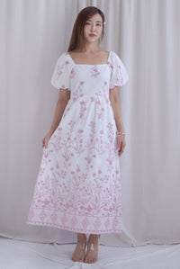 Victorian Vine Embro Square Neckline Maxi Dress In Pink