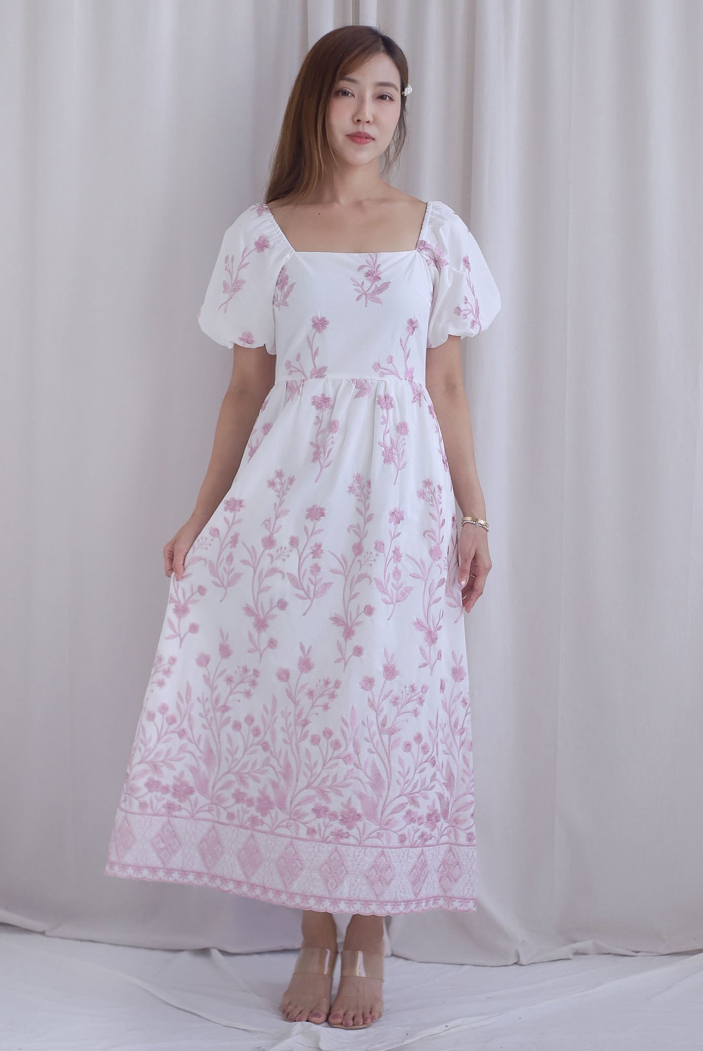 Victorian Vine Embro Square Neckline Maxi Dress In Pink