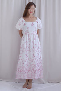 Victorian Vine Embro Square Neckline Maxi Dress In Pink