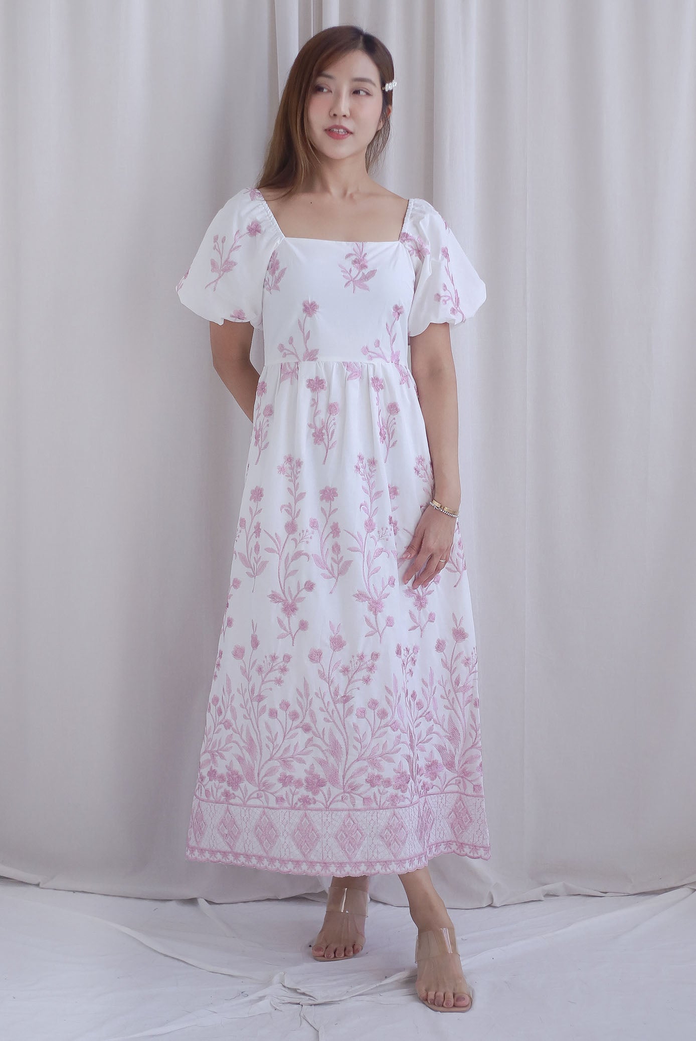 Victorian Vine Embro Square Neckline Maxi Dress In Pink