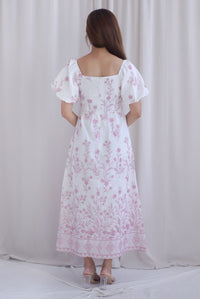 Victorian Vine Embro Square Neckline Maxi Dress In Pink
