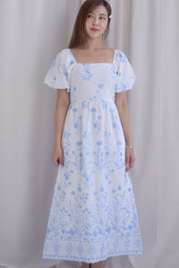 Victorian Vine Embro Square Neckline Maxi Dress In Skyblue