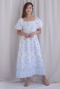 Victorian Vine Embro Square Neckline Maxi Dress In Skyblue
