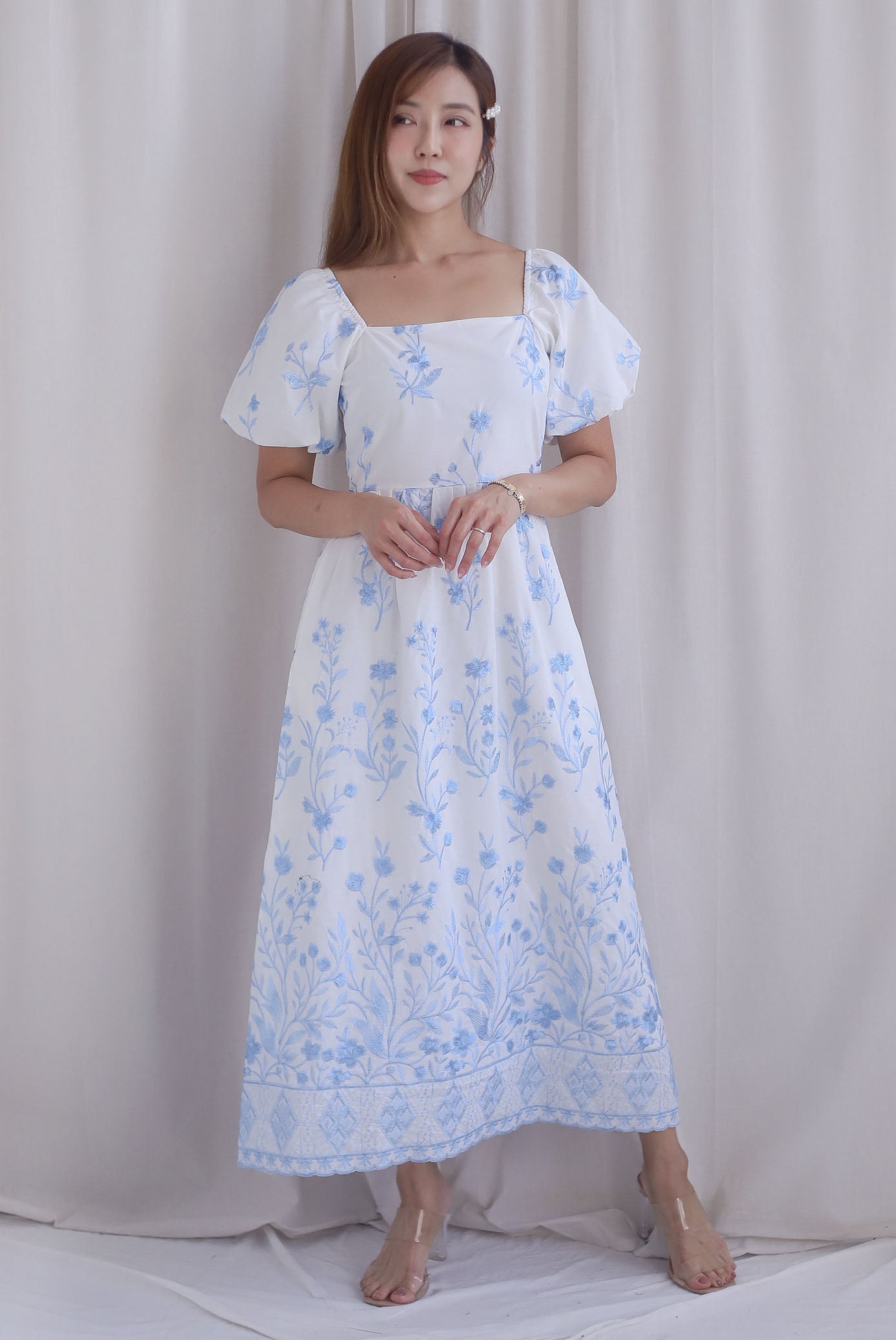 Victorian Vine Embro Square Neckline Maxi Dress In Skyblue