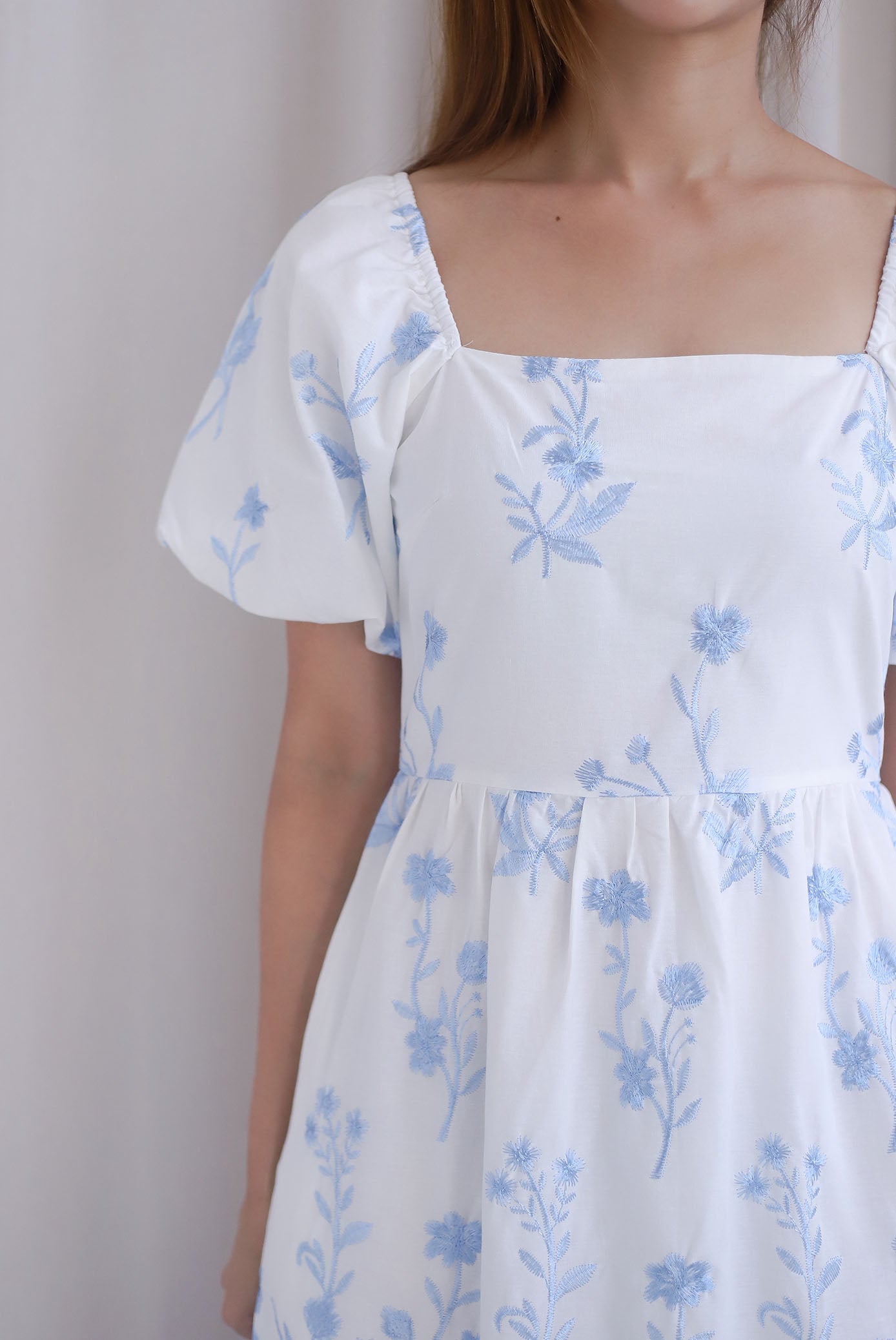 Victorian Vine Embro Square Neckline Maxi Dress In Skyblue