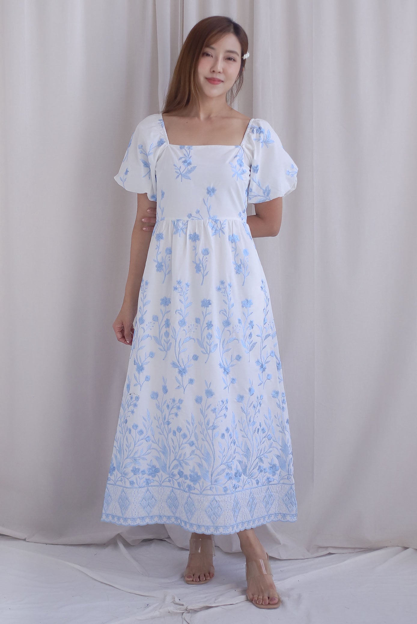 Victorian Vine Embro Square Neckline Maxi Dress In Skyblue