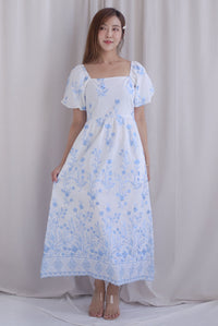 Victorian Vine Embro Square Neckline Maxi Dress In Skyblue