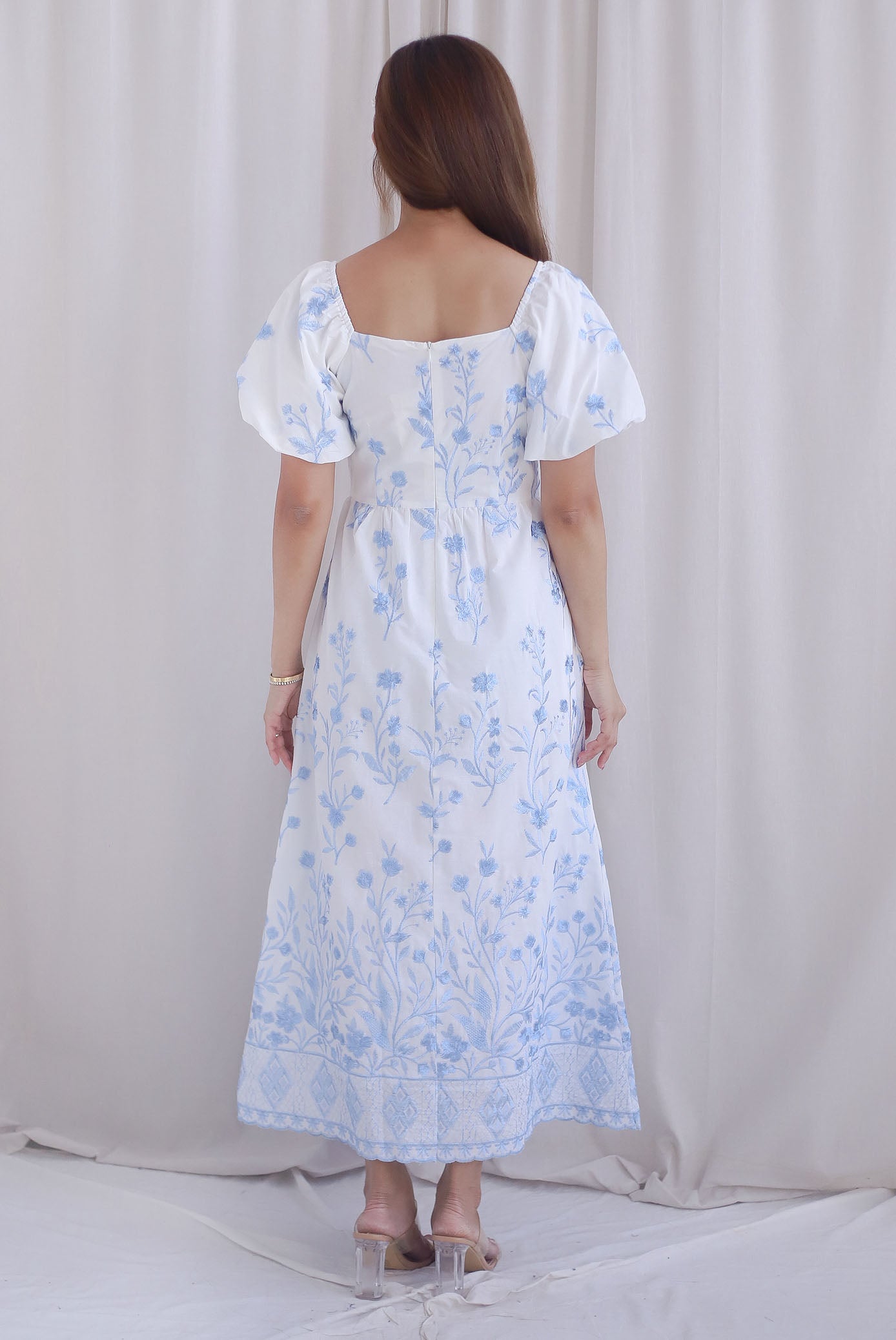 Victorian Vine Embro Square Neckline Maxi Dress In Skyblue
