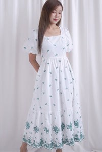 Violet Square Neck Embro Scallop Hem Maxi Dress In Green