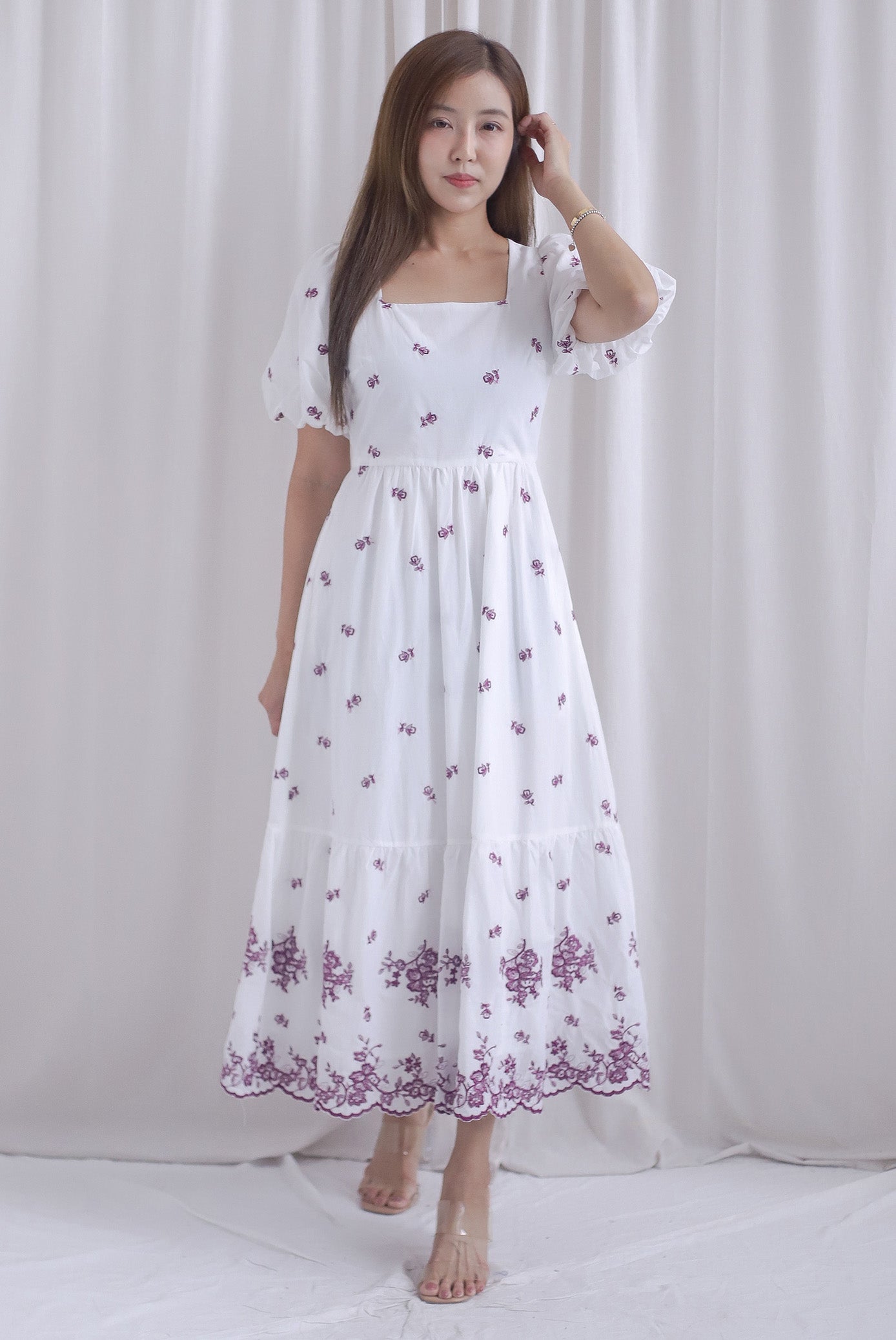 Violet Square Neck Embro Scallop Hem Maxi Dress In Mulberry