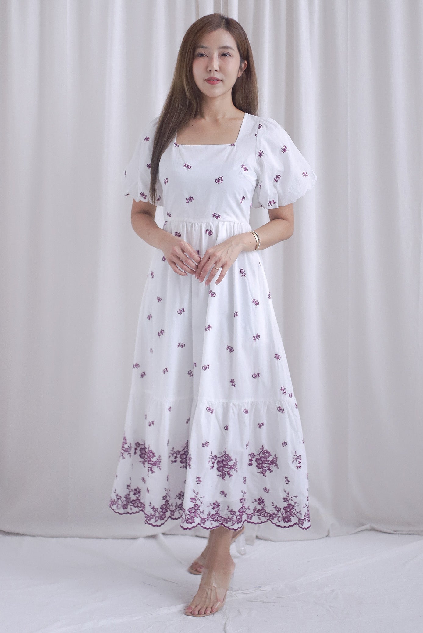 Violet Square Neck Embro Scallop Hem Maxi Dress In Mulberry