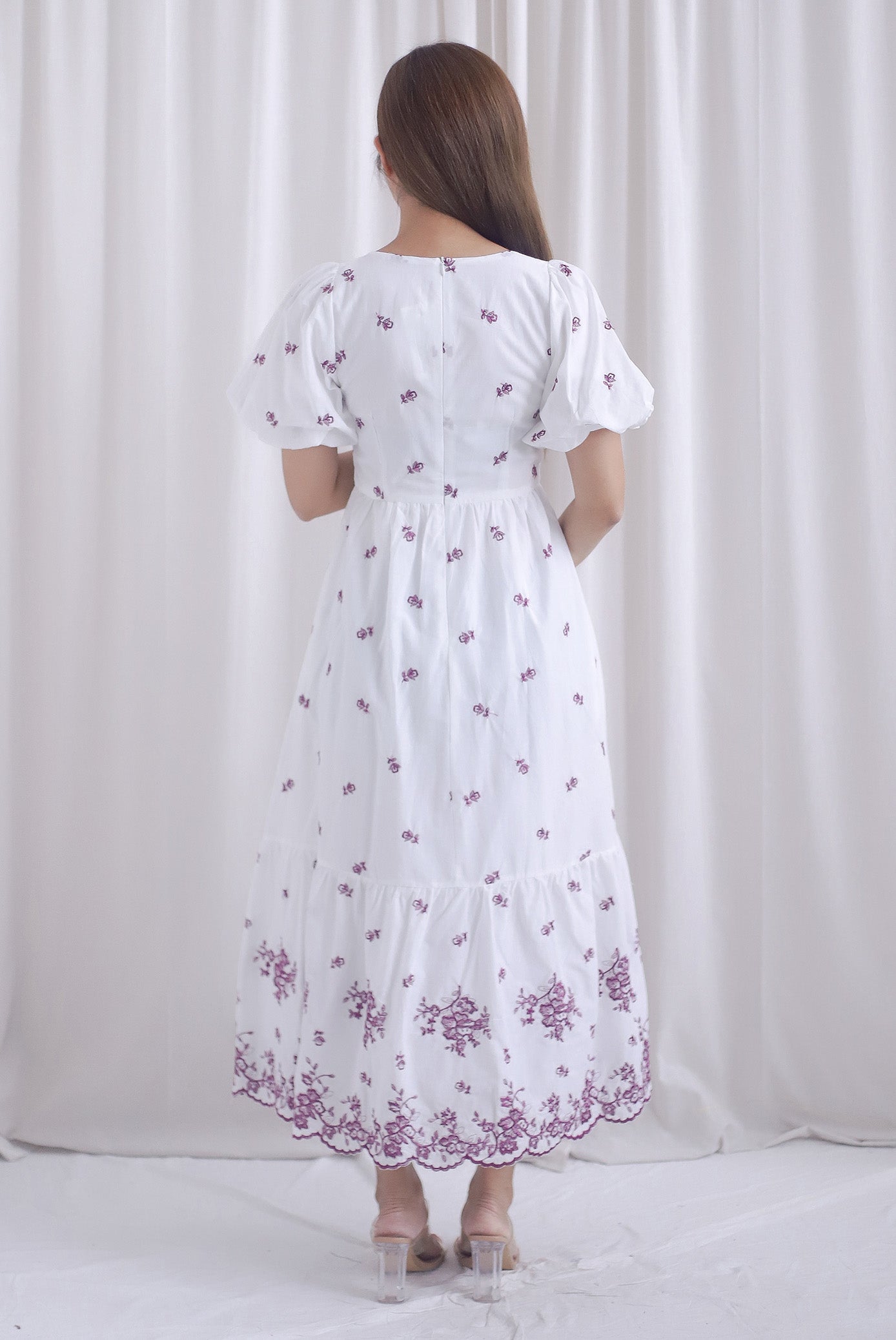 Violet Square Neck Embro Scallop Hem Maxi Dress In Mulberry