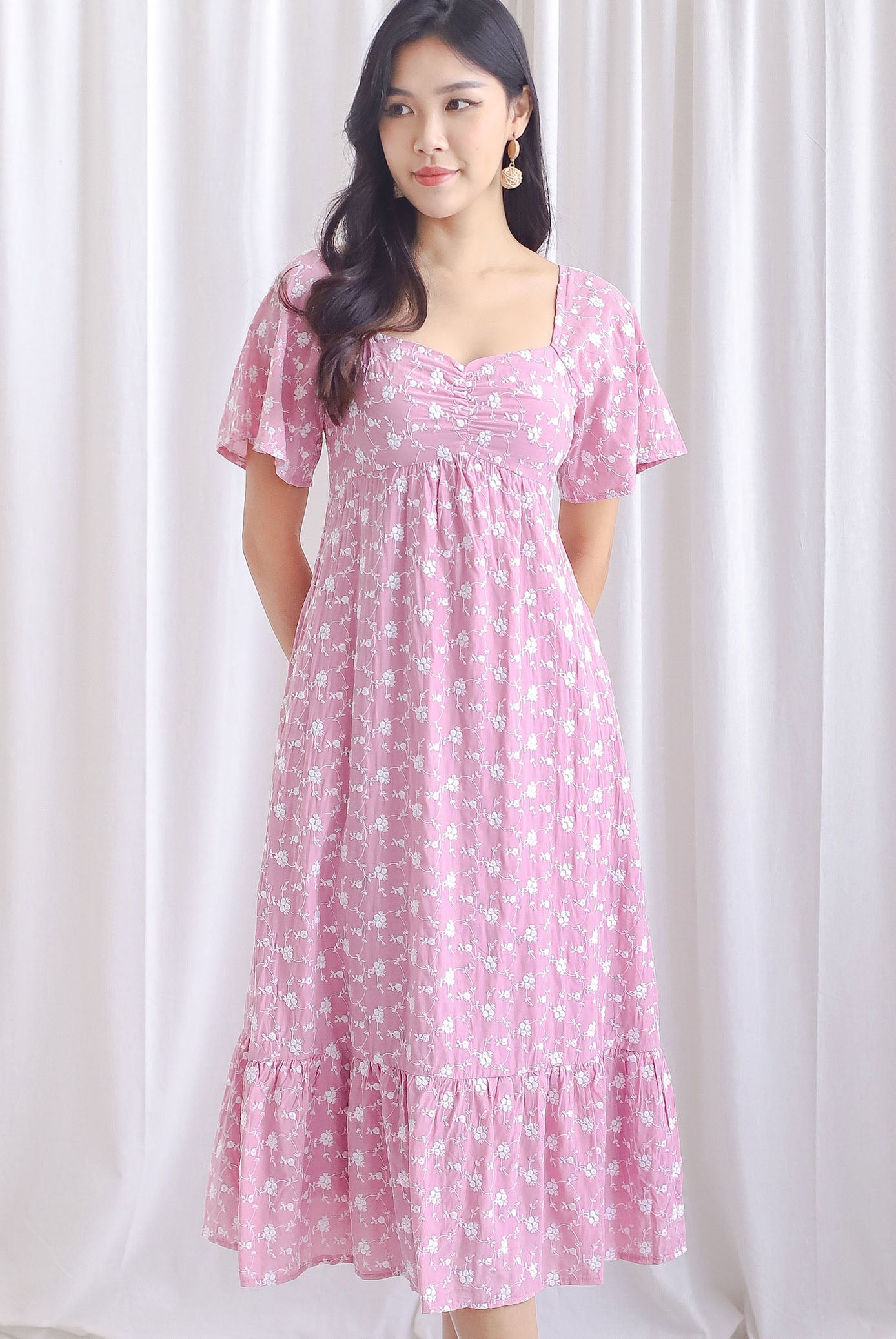 Vivienne Flutter Sleeve Embro Maxi Dress In Pink
