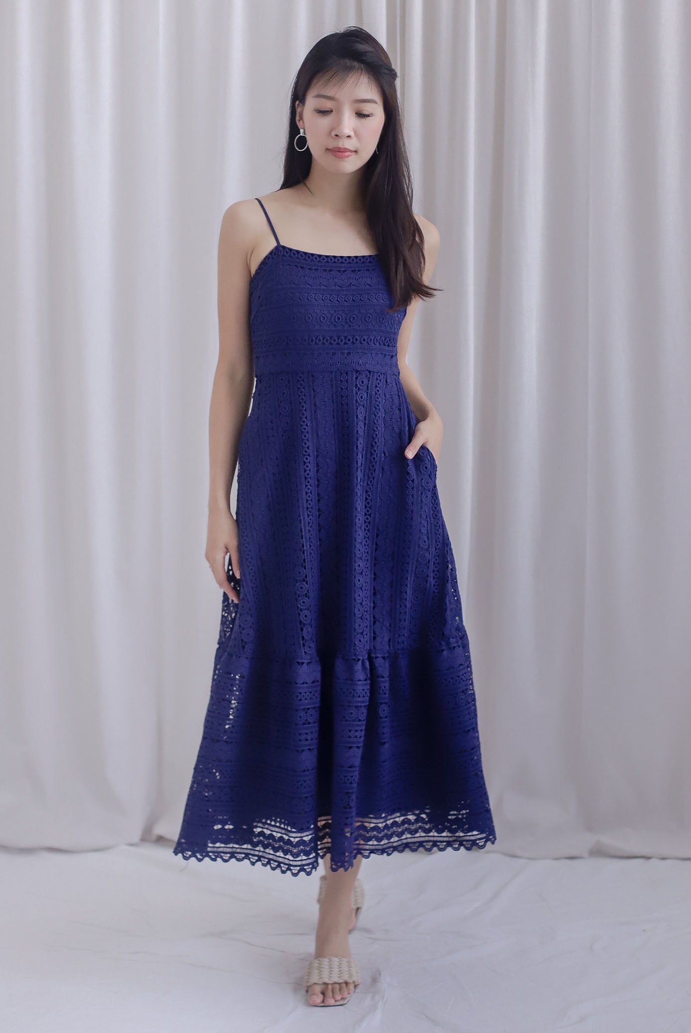 Weave Crochet Spaghetti Maxi Dress In Navy Blue