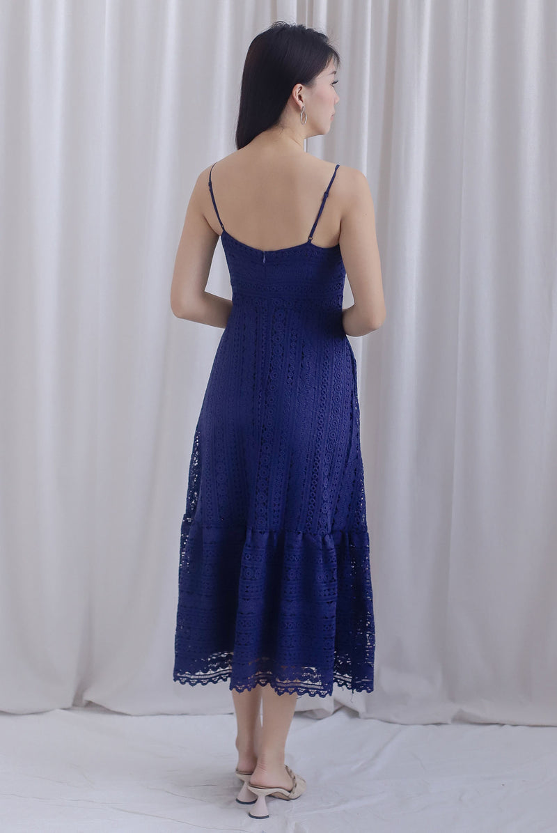 Weave Crochet Spaghetti Maxi Dress In Navy Blue